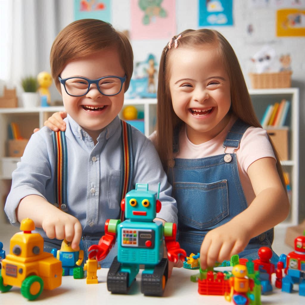 dos niños con síndrome de Down jugando con robots