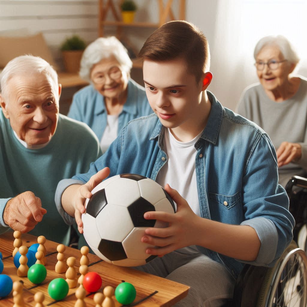 joves, personas adultas y ancianos con síndrome de Down realizando actividades lúdicas en la fundación