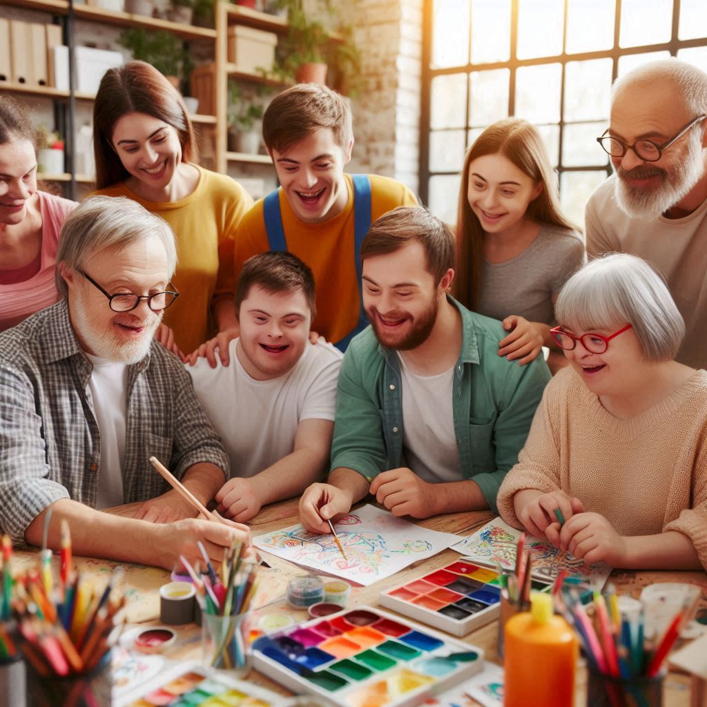 un grupo de jóvenes y ancianos con síndrome de Down trabajando en equipo