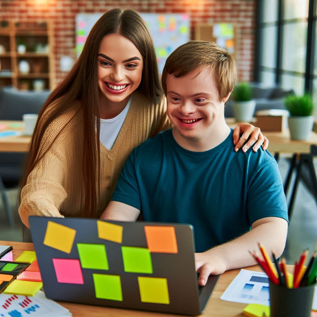 una mujer joven y un hombre joven con síndrome de Down trabajando en programación