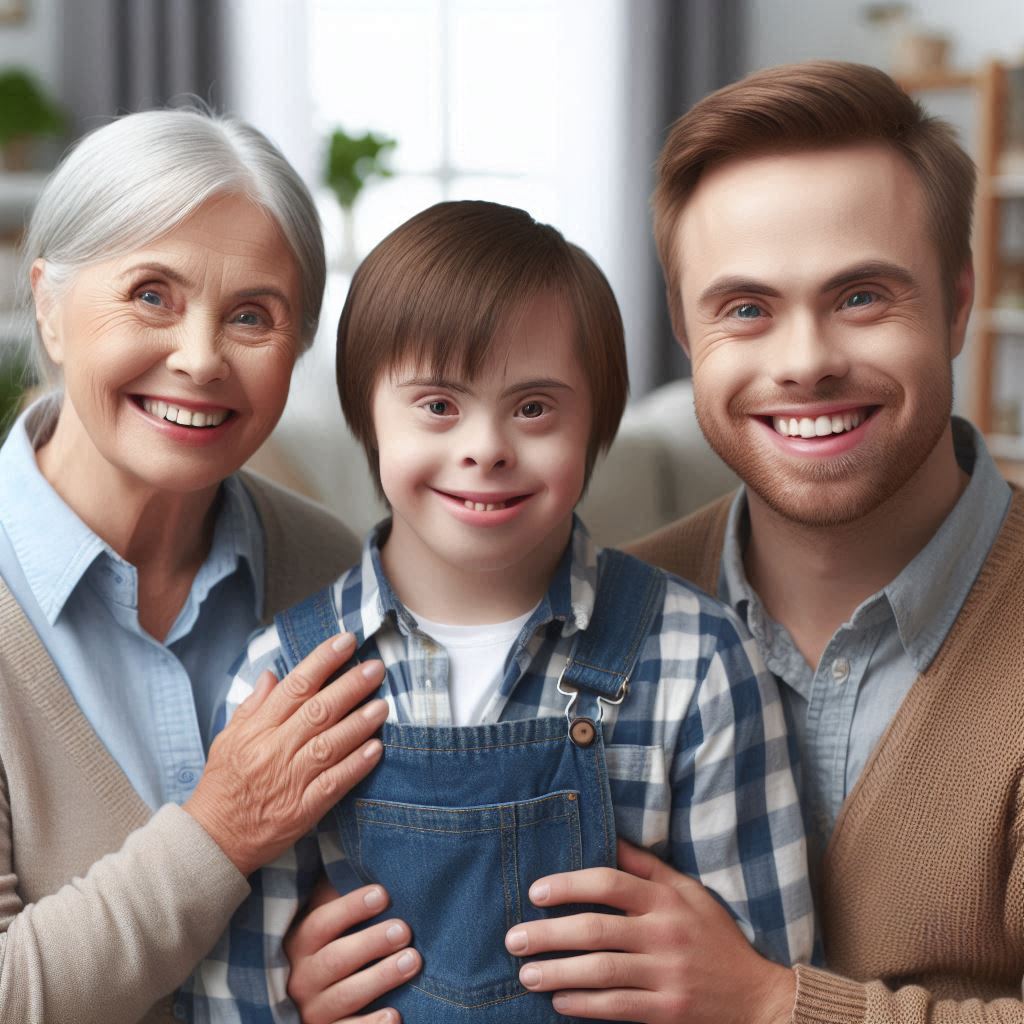 una persona adulta, un niño y un anciano con síndrome de Down sonriendo en familia, con un fondo familiar (1)